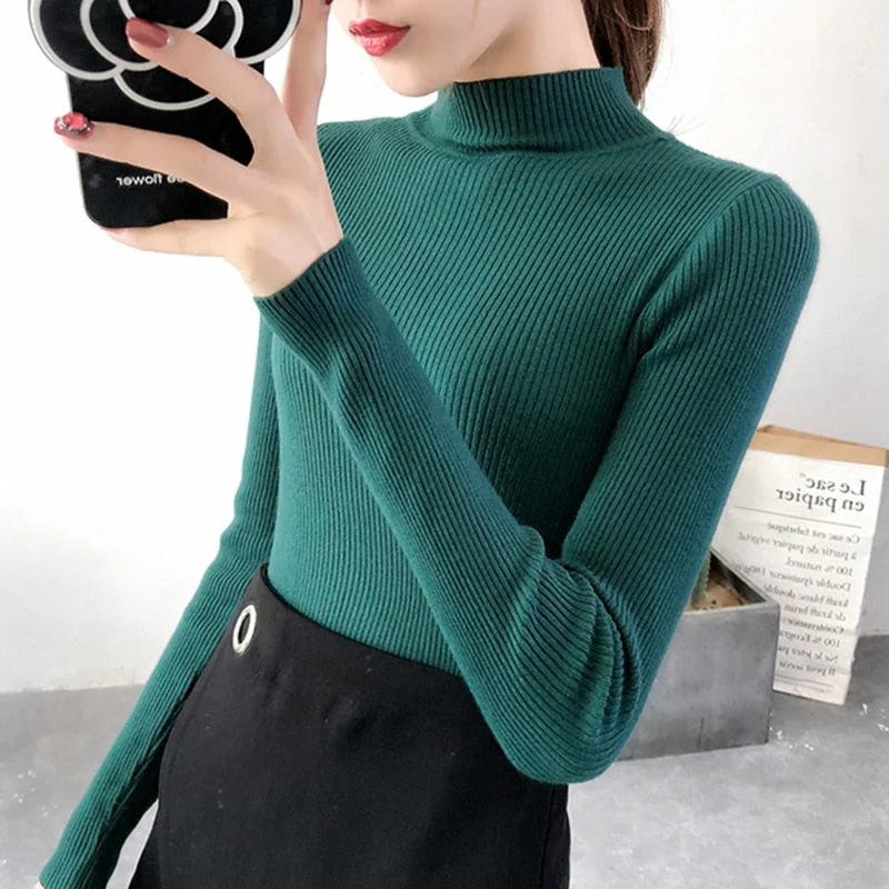 2021 Autumn Winter Women Pullovers Sweater Knitted Korean Elasticity Casual Jumper Fashion Slim Turtleneck Warm Female Sweaters