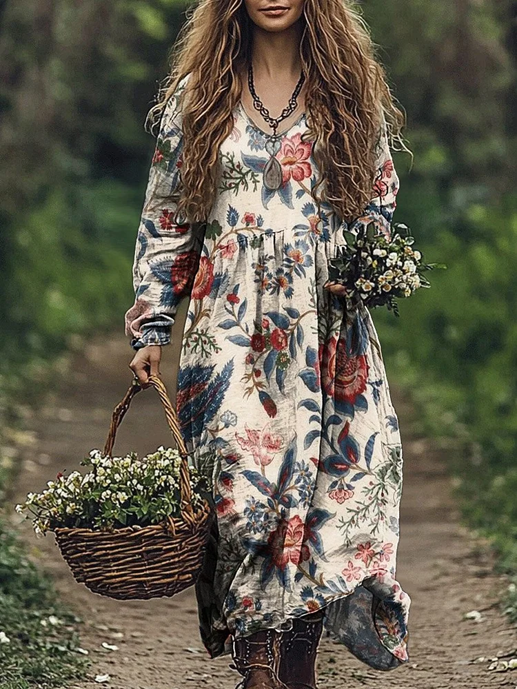 Women's Vintage Flower Print Pocket Cotton Dress