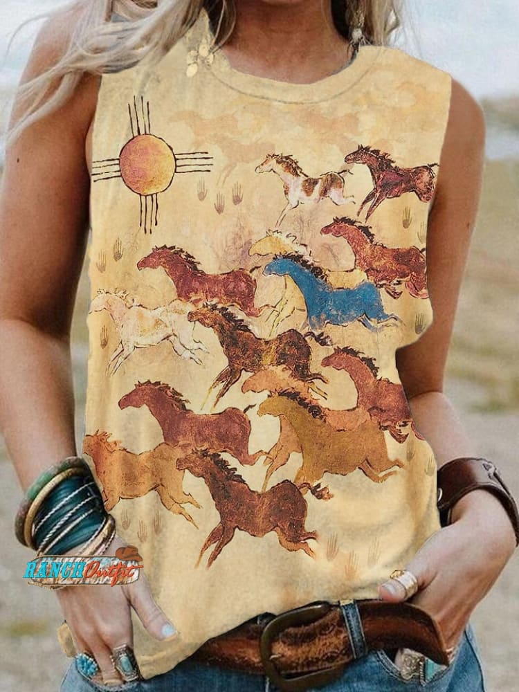 Women’s Vintage West Forest Horse Print Tank Top Beige / S