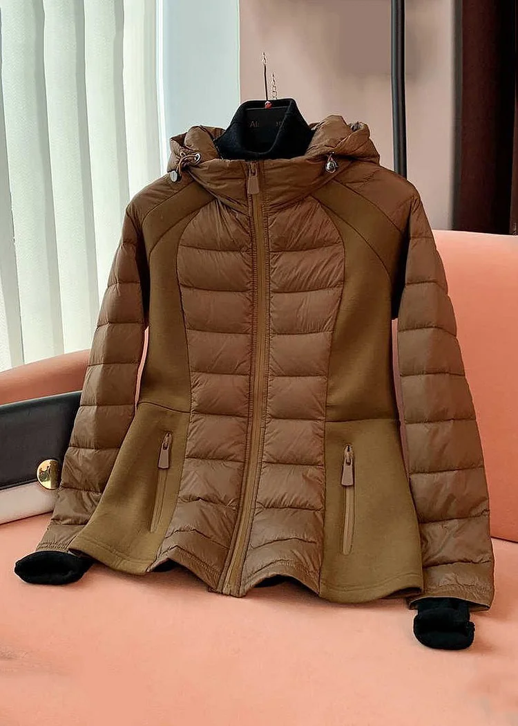 French Khaki Hooded Zippered Fine Cotton Filled Coat Long Sleeve