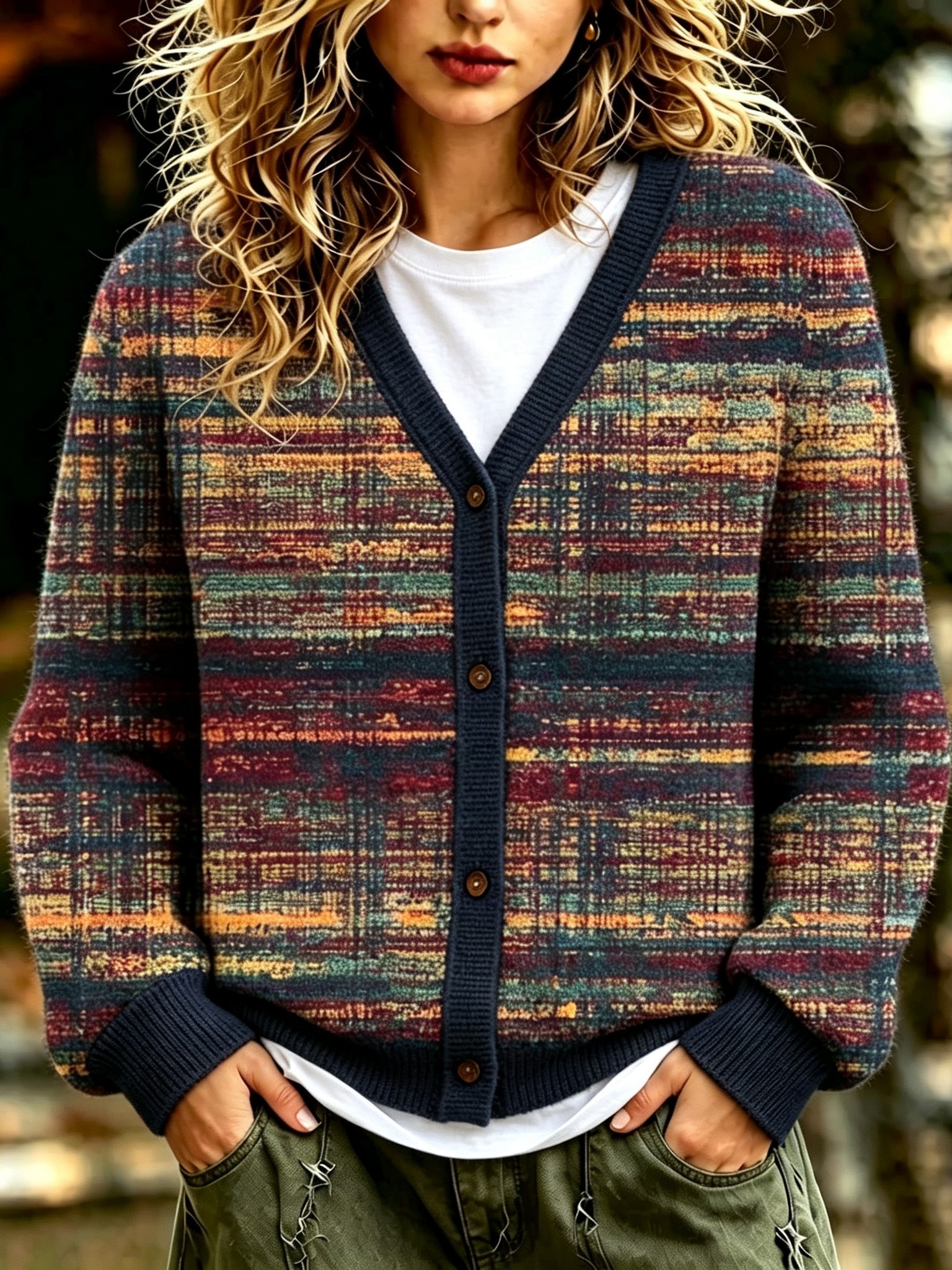 Comstylish Women's Retro Geometric Print Cardigan Sweater