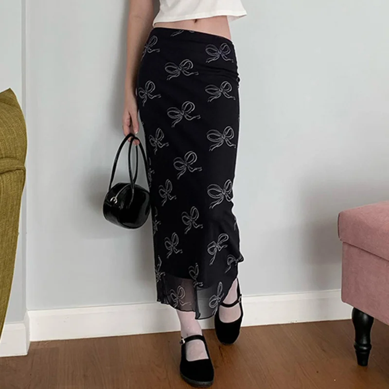 Woherb Woherb Casual Bowknot Gauze Print Skirt Women's New Low Purse Hip Straight Tube Skirt-Outfit Ideas