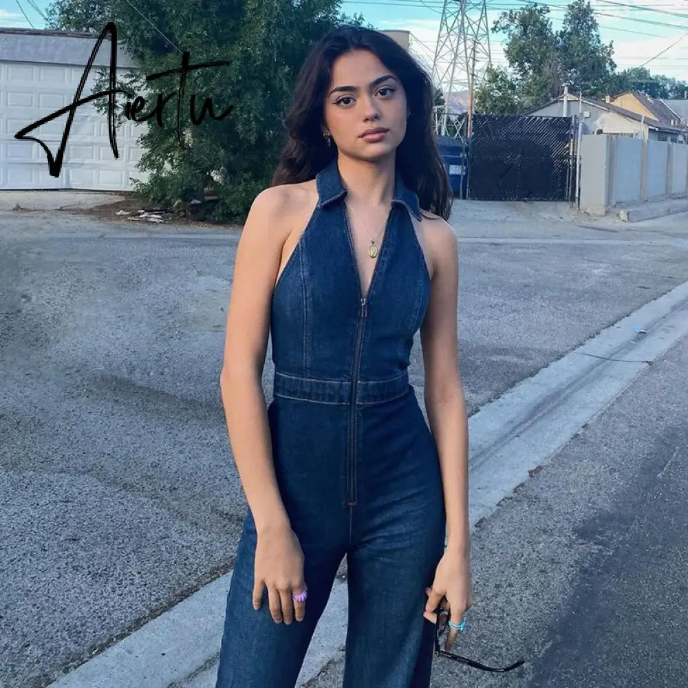 Hugcitar Denim Jumpsuit V Neck Zipper Bell Sleeveless Sexy Outifts Elegant Backpacker  Party Summer Aiertu