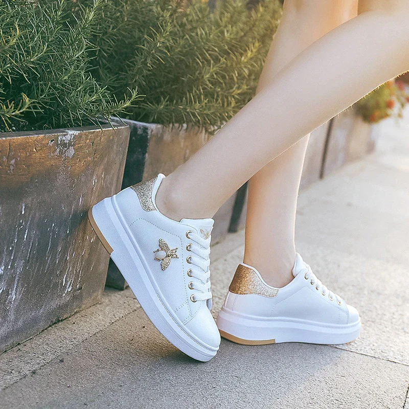 Breakj Women Casual Shoes 2022 New Women Sneakers Fashion Breathable PU Leather Platform White Women Shoes Soft Footwears Rhinestone