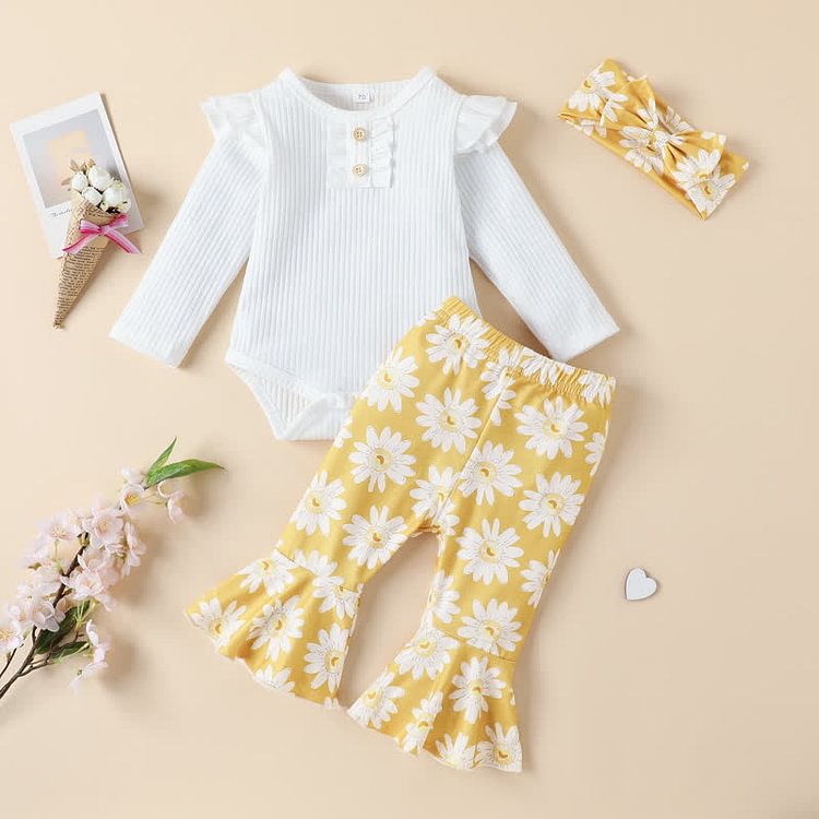 Baby Bodysuit Daisy Flared Pants Headband Set