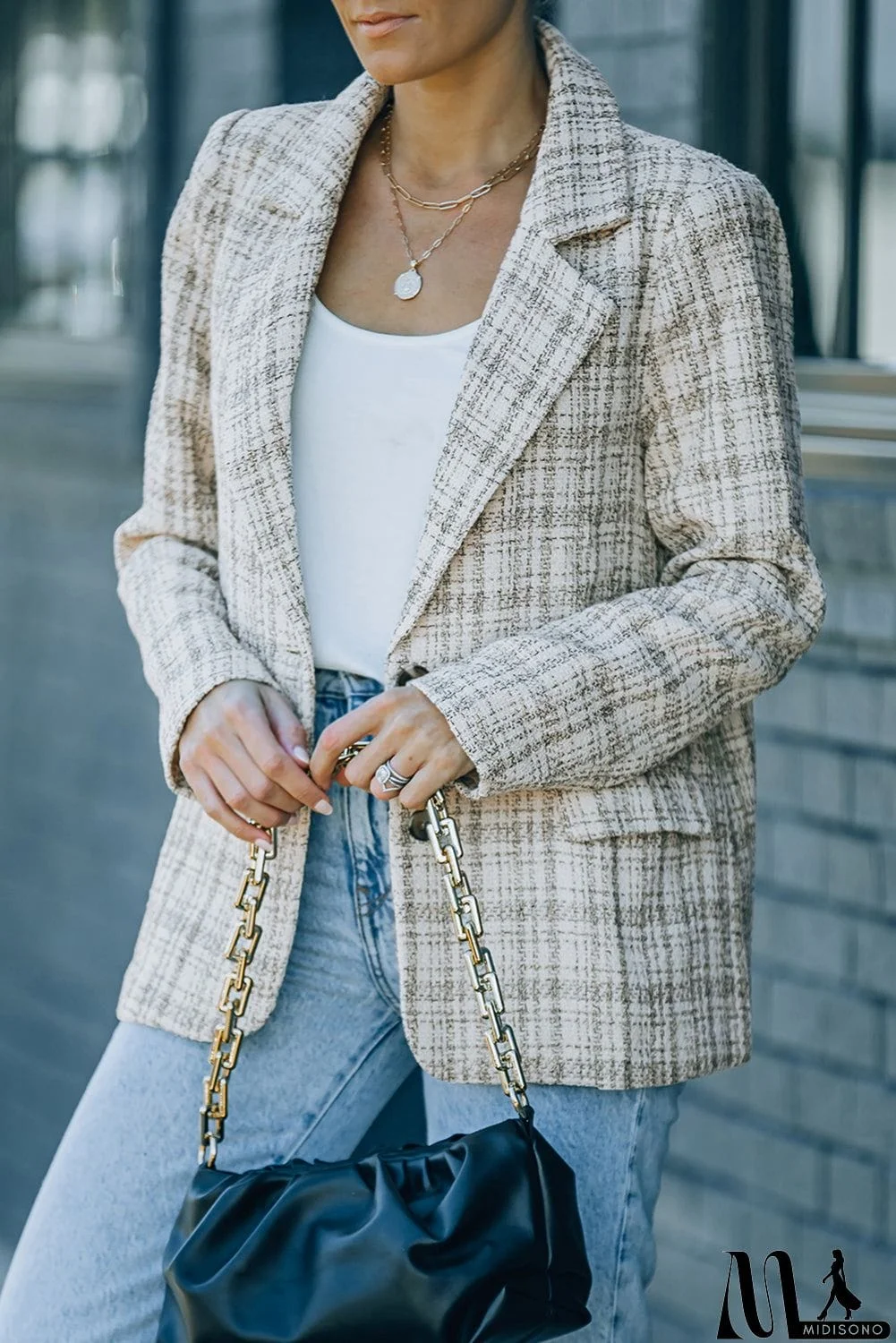 MidiSono - Pockets Lapel Collar Plaid Blazer