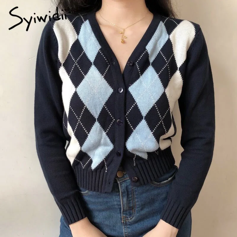 Syiwidii Argyle Knitted Cardigan Women Black Sweater Fall 2021 Clothing Single Breasted Casual V-Neck Crop Top Korean Fashion