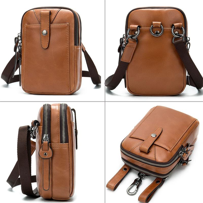 Men's Leather Belt Bag Retro Double Zipper Phone Bag