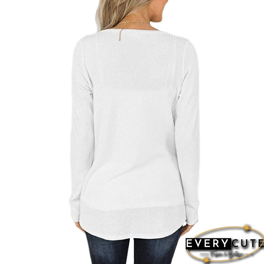 White V Neck Front Twist Long Sleeve Tops