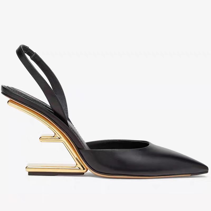 Shaped Heel Pointed Toe Shoes Novelty Design Leather Sandals Summer Black High Heels for Women Metal Heel Fashion Ladies Wedges