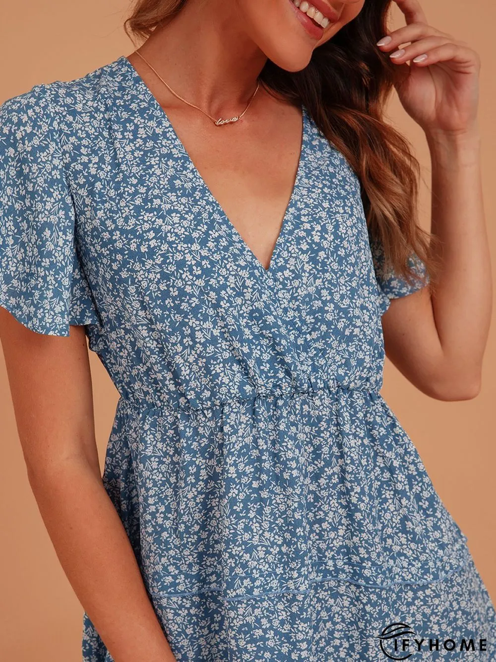 Blue Sweet V Neck Silk-Chiffon Weaving Dress | IFYHOME