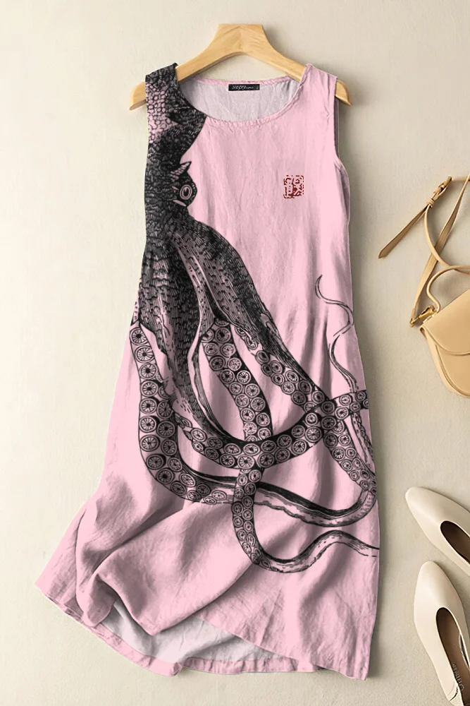 Vintage Japanese Art Octopus Print Sleeveless Cotton And Linen Midi Dress