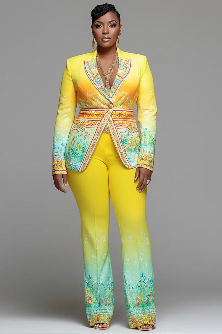 Xpluswear Design Plus Size Business Casual Yellow All Over Print Lapel Collar Long Sleeve Pocket Two Piece Pant Suits [Pre-Order] 2024 - Xpluswear