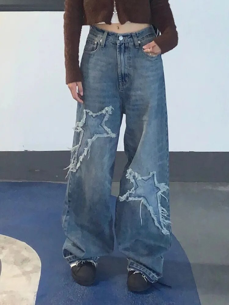 Veoprobigshop Vintage 90s Streetwear Star Blue Jeans Women Y2K Grunge Distressed Patchwork Oversized Wide Leg Denim Pants Female Retro