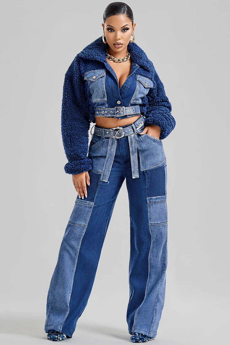 Xpluswear Design Plus Size Party Fleece Blue Colorblock Turndown Collar Long Sleeve Pocket Casual Contrast Denim Two Piece Pant Sets [Pre-Order]