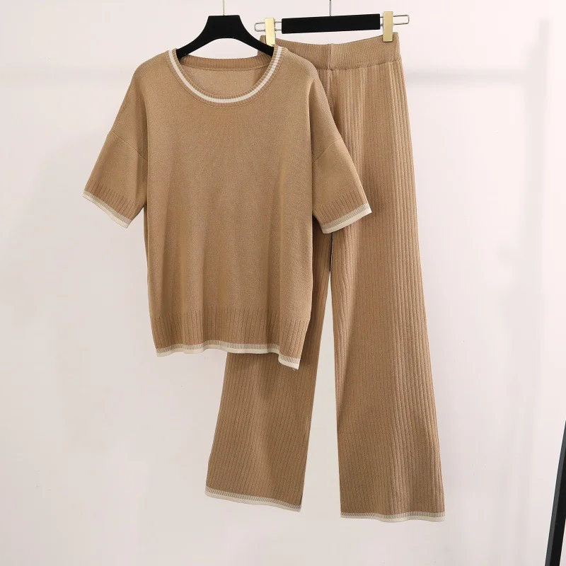 Uveng Uveng Simple Fashion Round-Neck Short-Sleeved Knitted Shirt High Waist Thin Trousers Pit Knitted Two-Piece Set