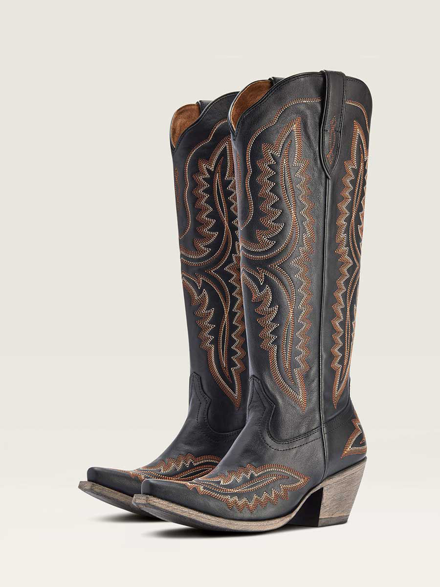 Vintage Black Snip Toe Embroidered Chunky Heel Zip Knee High Cowgirl Boots