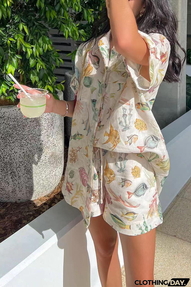Casual Vacation Print Animal Pocket Turndown Collar Short Sleeve Two Pieces