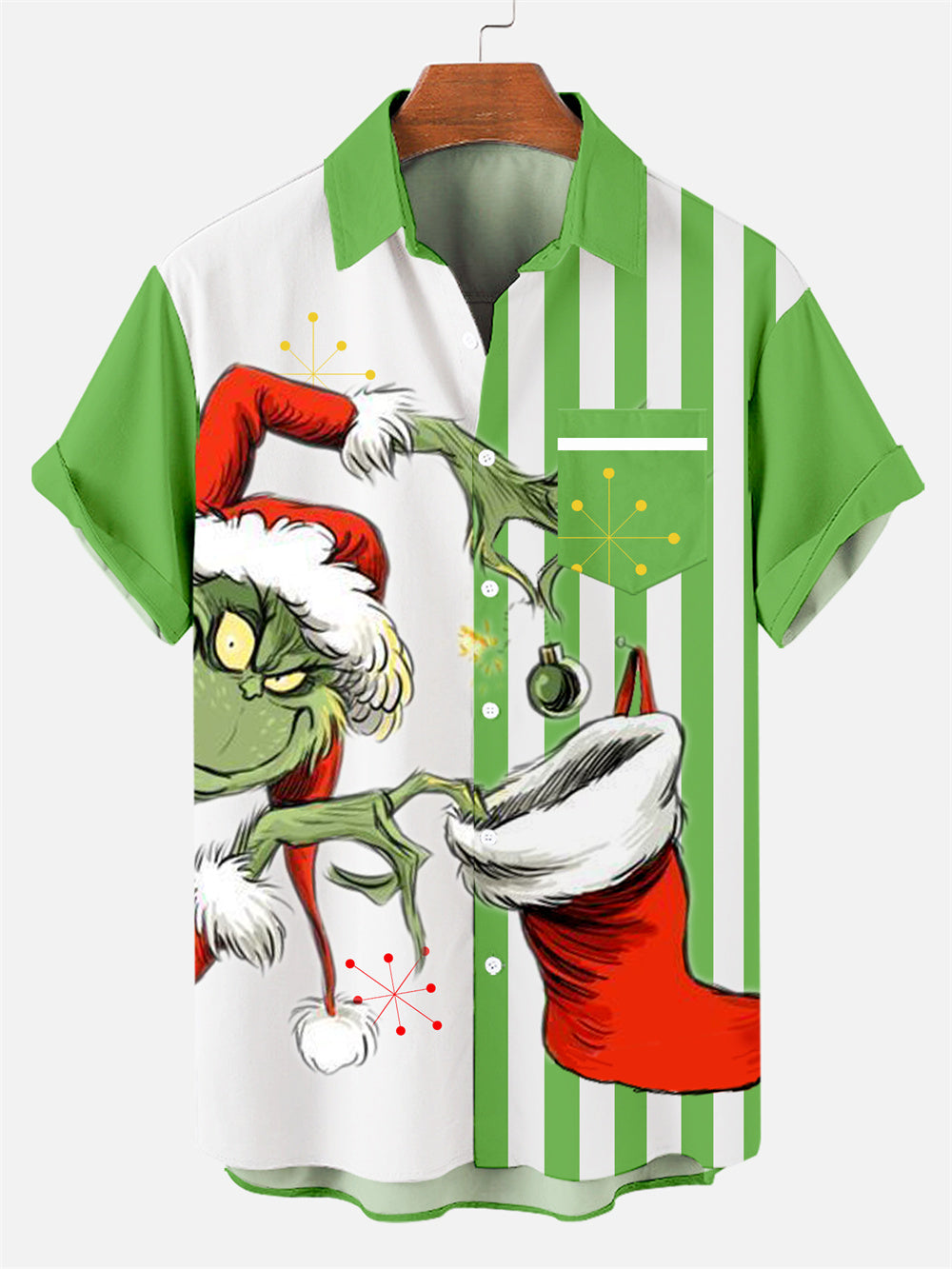 Men's Christmas Striped Cartoon Pattern Short Sleeve Shirt with Pockets PLUSCLOTHESMAN