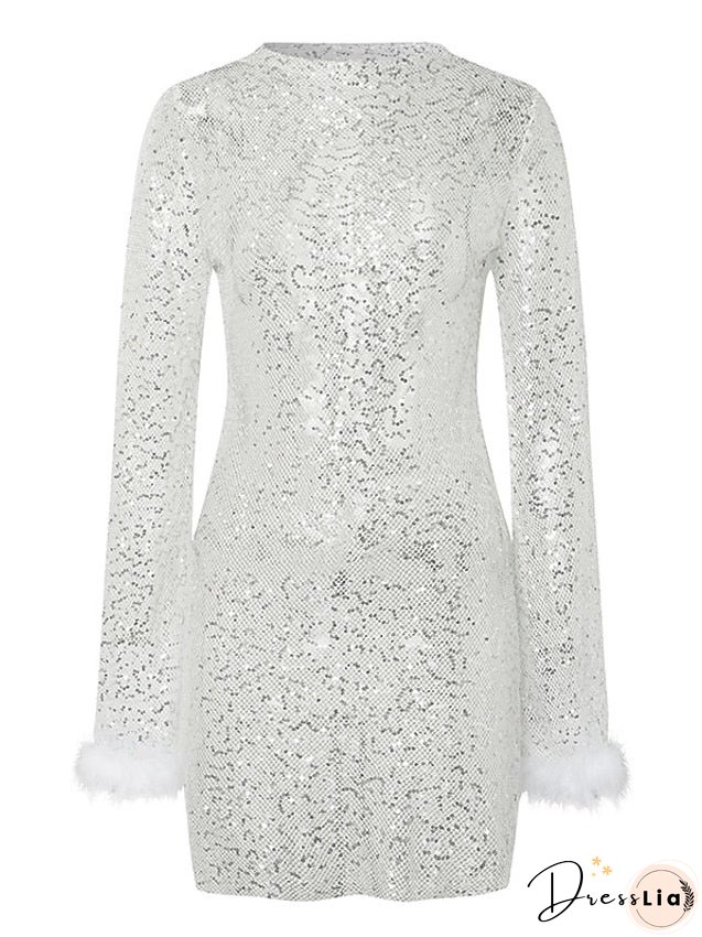 Party Dress Sequin Mini Pink White Black Long Sleeve Pure Color Sequins Mesh Feather