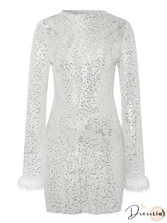 Party Dress Sequin Mini Pink White Black Long Sleeve Pure Color Sequins Mesh Feather
