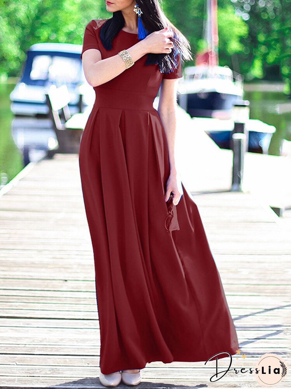 Solid Short Sleeve Pocket Crew Neck Maxi Dress