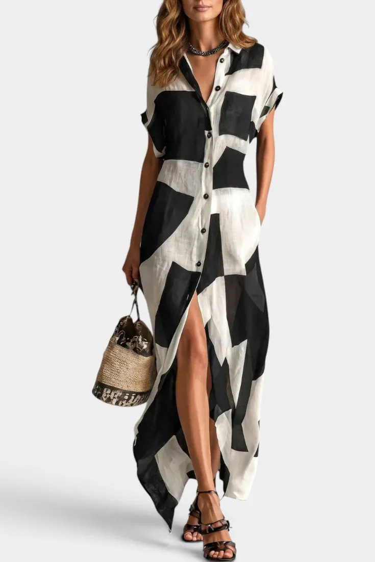 Abstract Graphic Linen Shirt Maxi Dress with High Slit