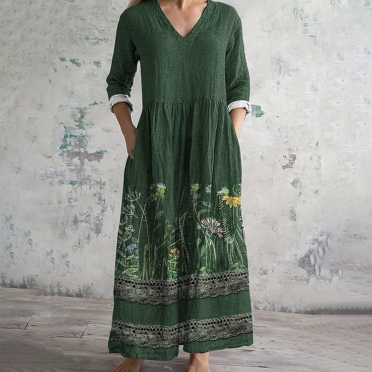Vintage Floral Embroidered Lace Art Women's Linen Dress