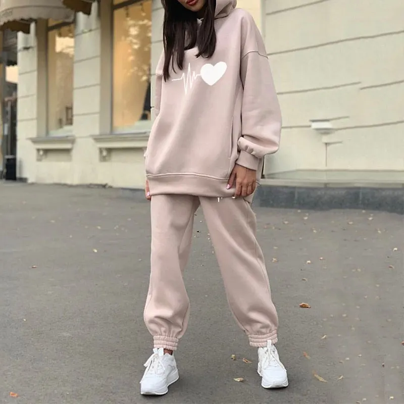 Oversize Heart Printed Fleece Women's Tracksuit Hoodies 2 Piece Set Sweatshirt + Pants Women Sport Suit Winter Sportswear