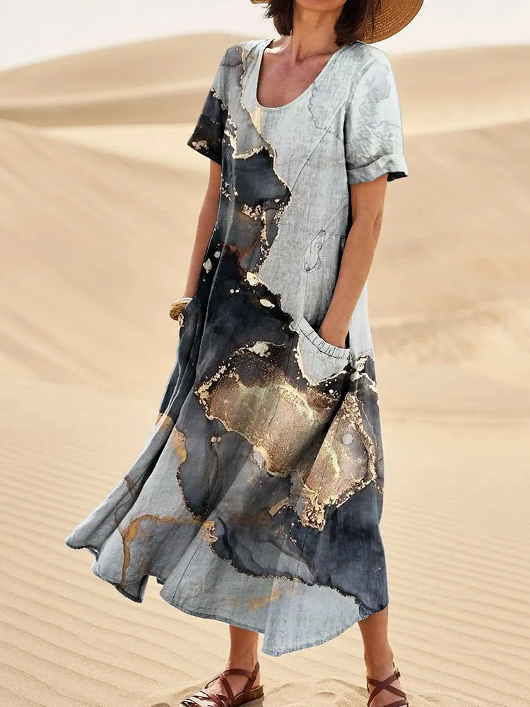 Women's Vintage Marble Texture Linen Pocket Dress