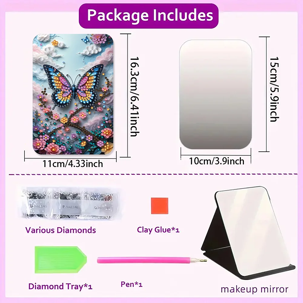 DIY Diamond Art Shiny Crystal Mirror Lightweight Standing Mirror (Butterfly)