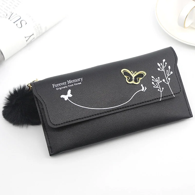 Small Handbags for Women Fashion 2022 Trend New Wallets Pure Color Wool Ball Bow Clutch Bag Women's Long Bag Card Bag Coin Purse