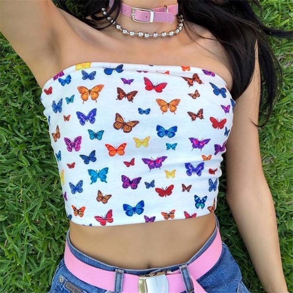 Butterfly Pattern Print Cotton Colorful Slash Neck Tank Strapless Crop Top Camis - Shop Trendy Women's Fashion | TeeYours