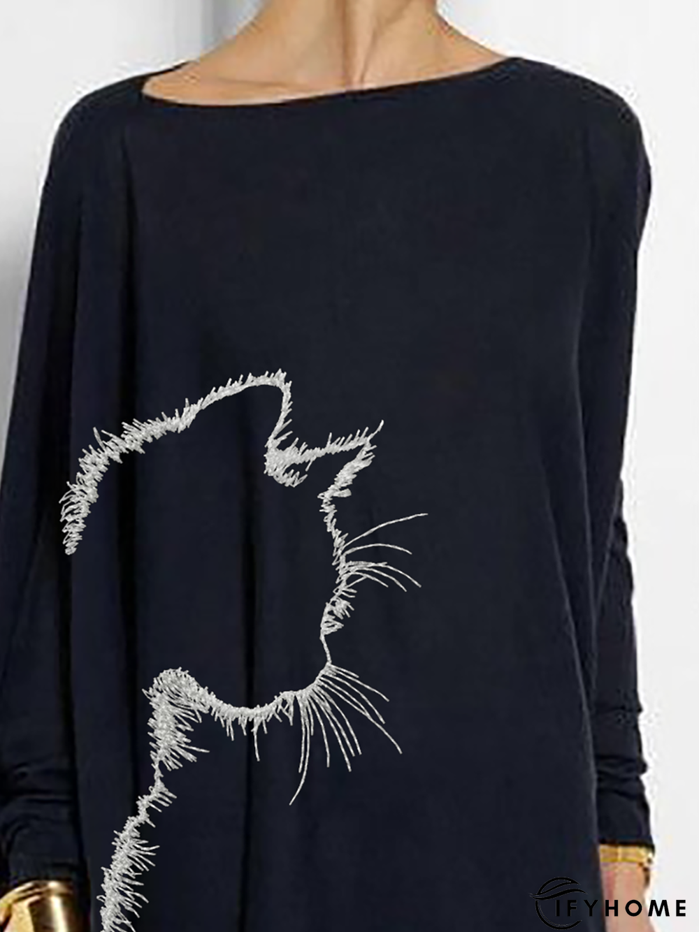 Boat Neck Cat Long Sleeve T-shirt | IFYHOME