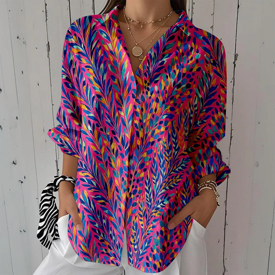 Style & Comfort for Mature Women Women Colorful,  Red,  Art DZCL0429 3/4 Sleeve Shirt Collar Printed Button Tops
