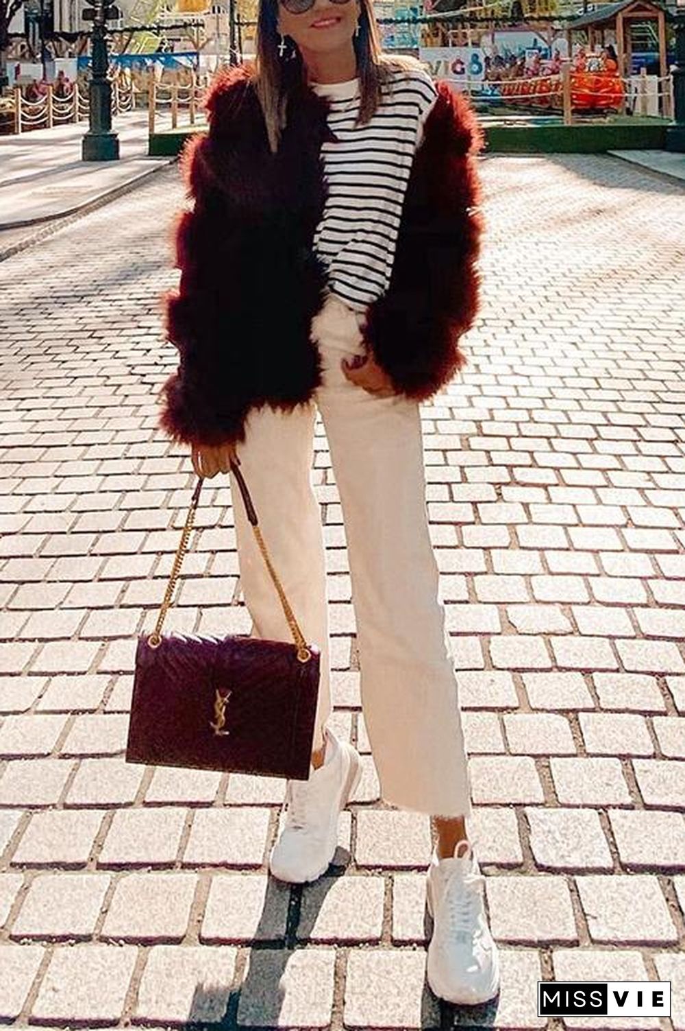 Layer O Neck Faux Fur Coat