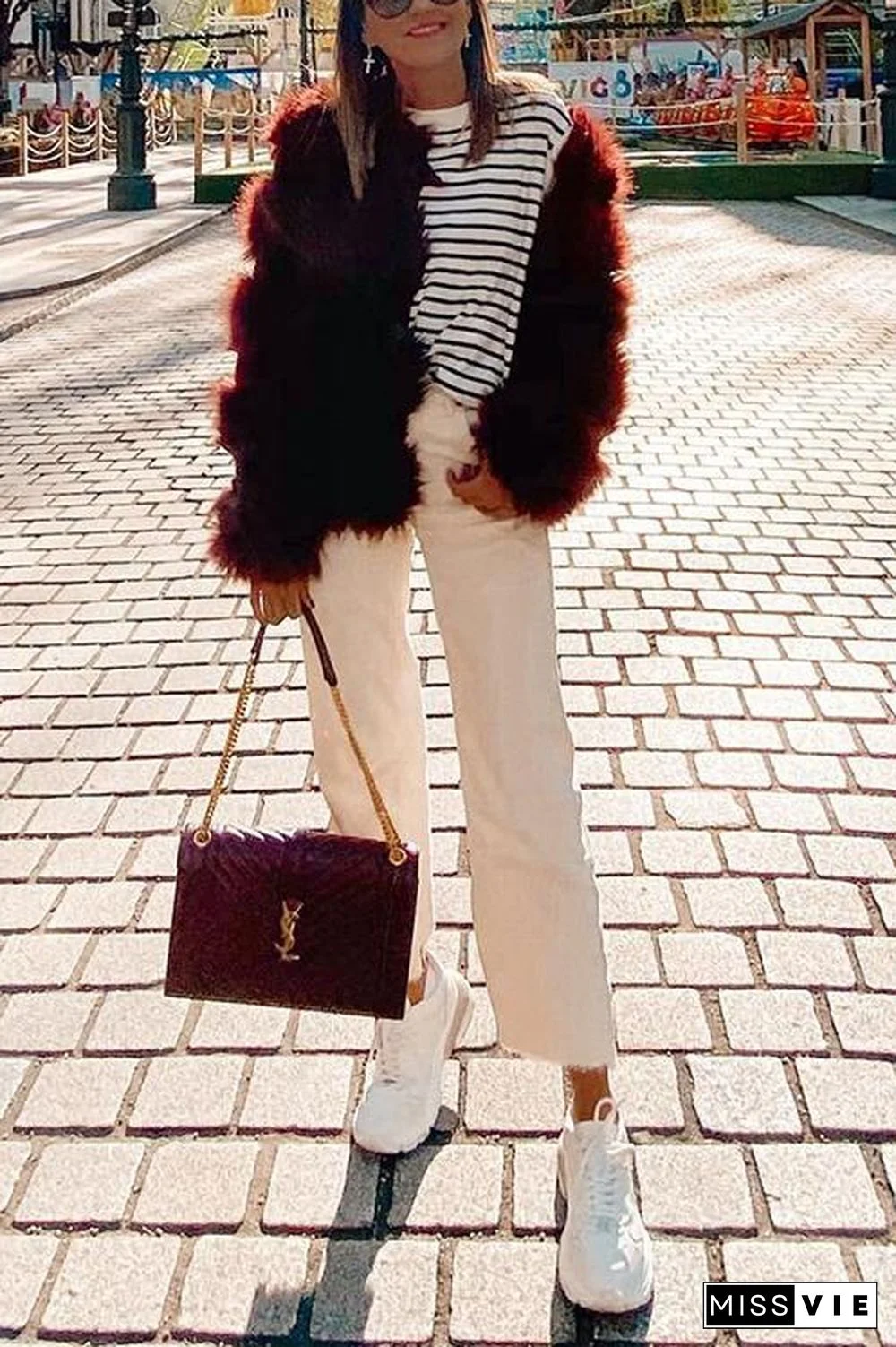 Layer O Neck Faux Fur Coat