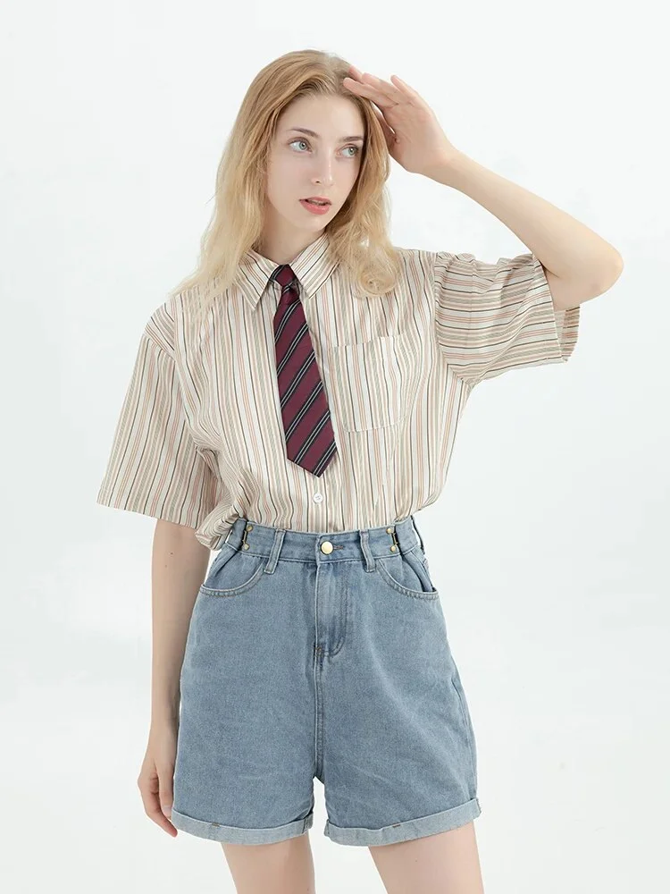 Wongn Preppy Style Stripe Shirt With Tie Women Korean Chic Short Sleeve Y2k All-Match Tops Vintage Harajuku Girl Blouse Clothes