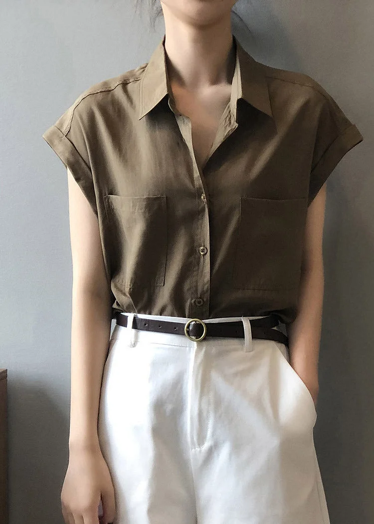 Coffee Button Solid Loose Shirts Short Sleeve