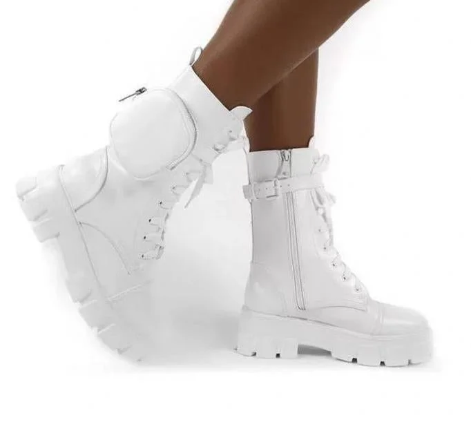 2020 Autumn Winter Bootie Pocket Buckle Strap Pink Chunky Boots Leather Patchwork Arrival Platform Boots Mid-calf Cross-tied