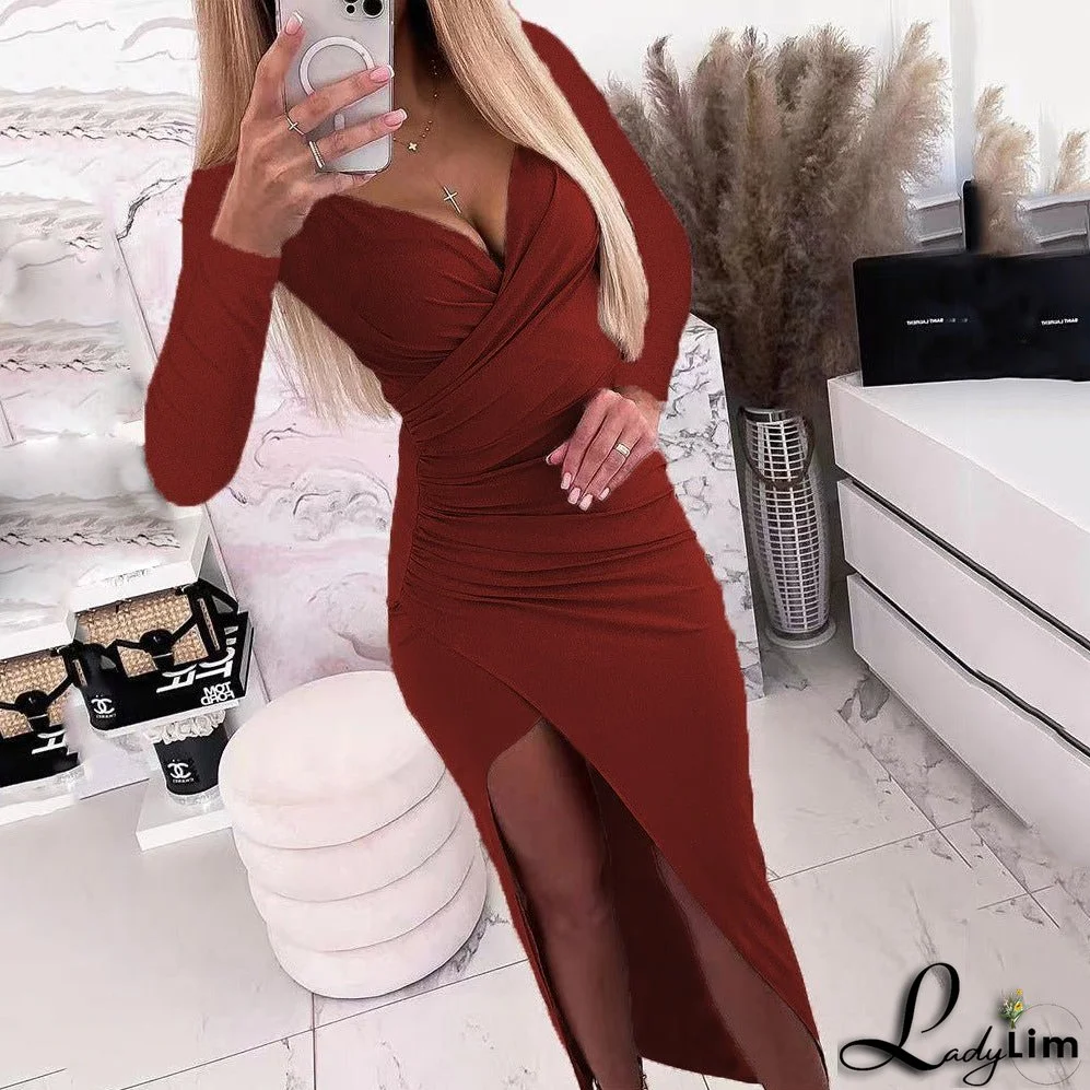 Women's Fashion Long Sleeve Shiny Long-sleeved Dinner Dress