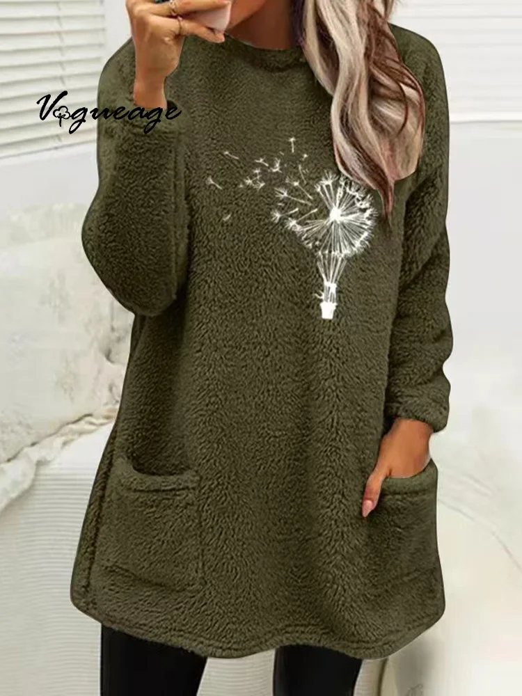 Round Neck Loose Long Sleeve Pocket Plant Embossed Double-Faced Fleece Sweatshirt