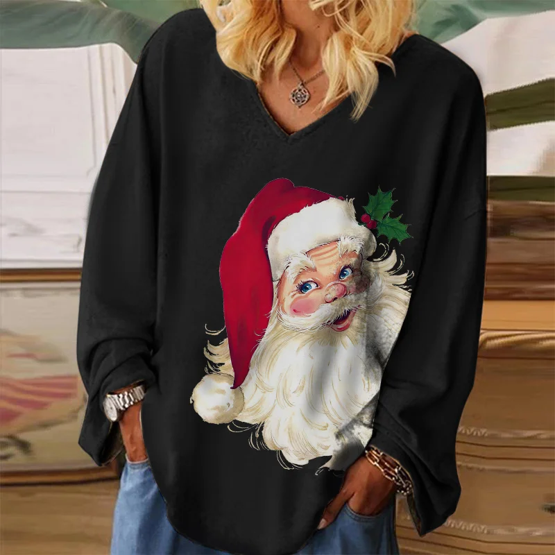 Simple Design Santa Claus Graphic V-neck Long-sleeved Tee