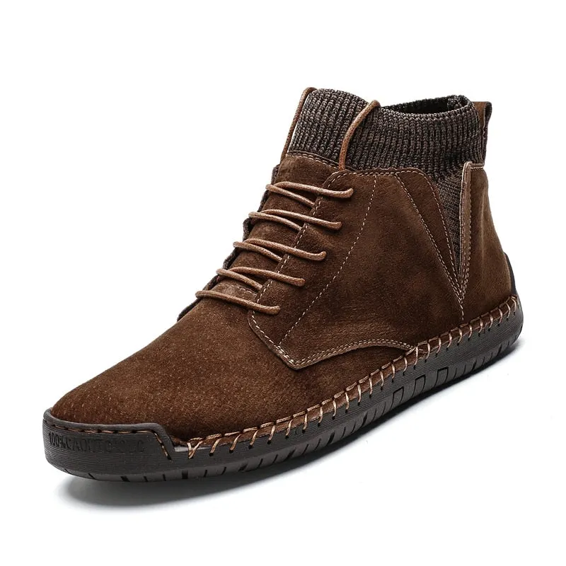 Nine o'clock 2020 Quality Winter Men's Leather Boots Outdoor Comfortable Elastic Sock Male Shoes Casual High-Top Lace-up Boots
