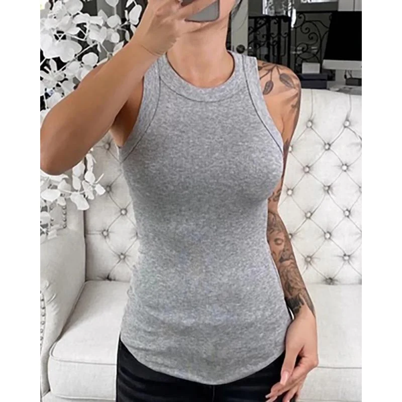 Women Solid Round Neck Ribbed Tank Top Camisole Women Summer Basic Elastic Tank Top O Neck Solid Tank Top