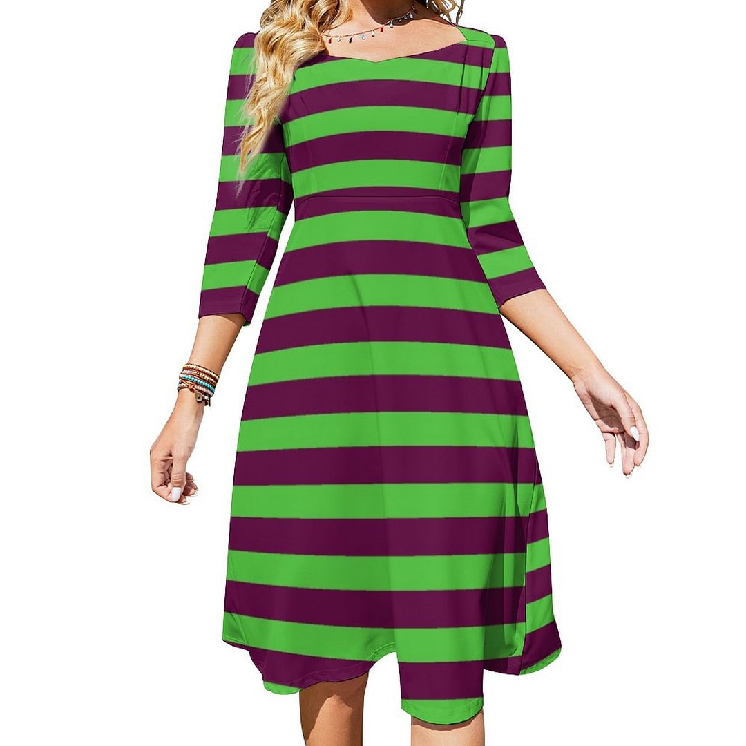 Purple Green Monster Costume Halloween Stripes Dress Sweetheart Tie Back Flared 3/4 Sleeve Midi Dresses