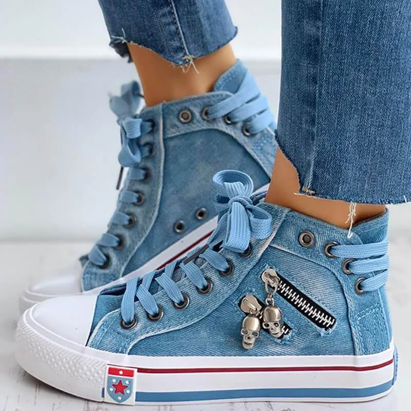 Women's Denim Skull Zipper Lace-up Flat Heel Sneakers - vzzhome