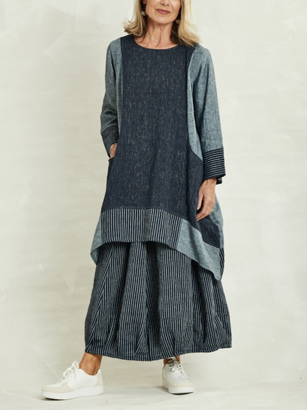 Loose Patchwork Top Striped Skirt Cotton Linen Two Piece Set