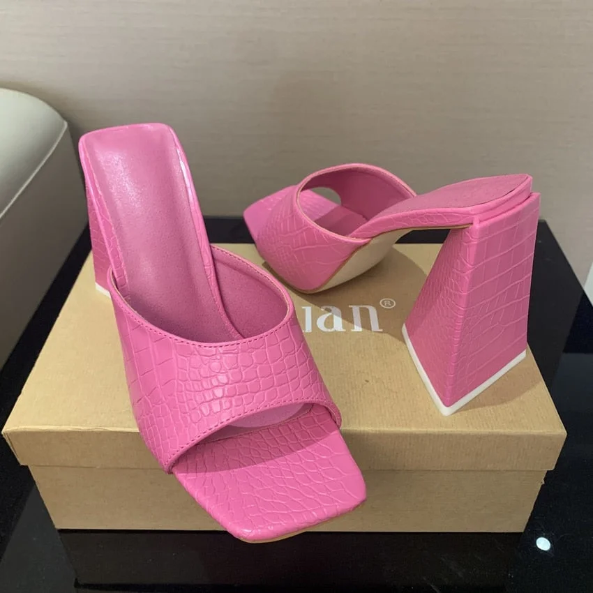 2022 Summer sandals women triangle thick mules high heels slippers sandals flip flops square toe slides party shoes woman