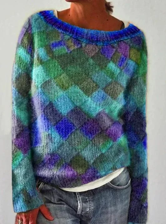 Women Long Sleeve Scoop Neck Plaid Stitching Top